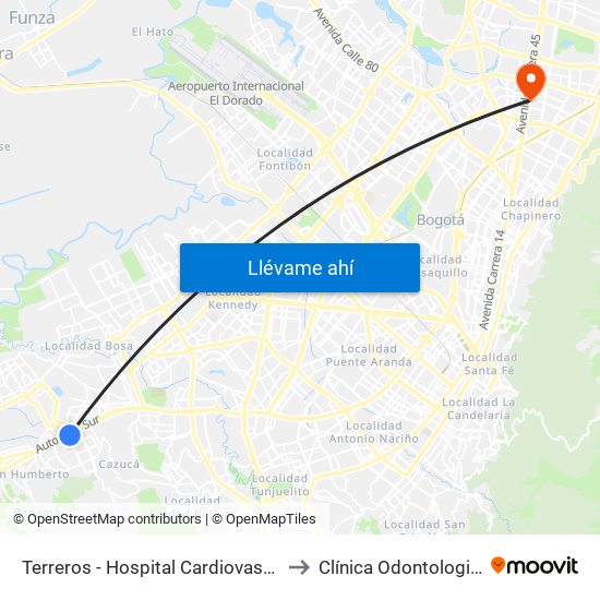 Terreros - Hospital Cardiovascular (Lado Sur) to Clínica Odontologica Jasban map
