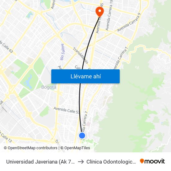 Universidad Javeriana (Ak 7 - Cl 40) (B) to Clínica Odontologica Jasban map