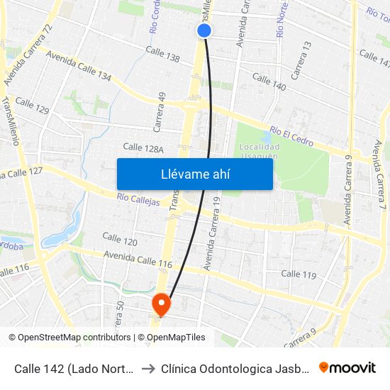Calle 142 (Lado Norte) to Clínica Odontologica Jasban map