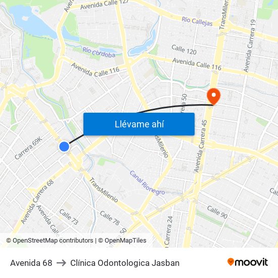 Avenida 68 to Clínica Odontologica Jasban map