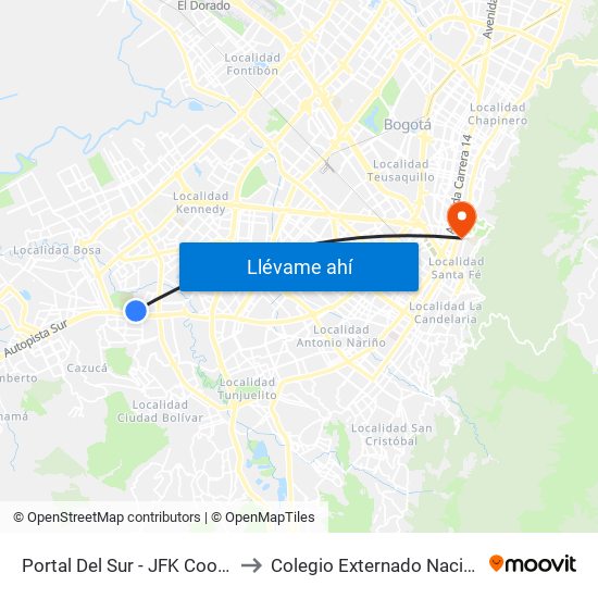 Portal Del Sur - JFK Cooperativa Financiera to Colegio Externado Nacional Camilo Torres map