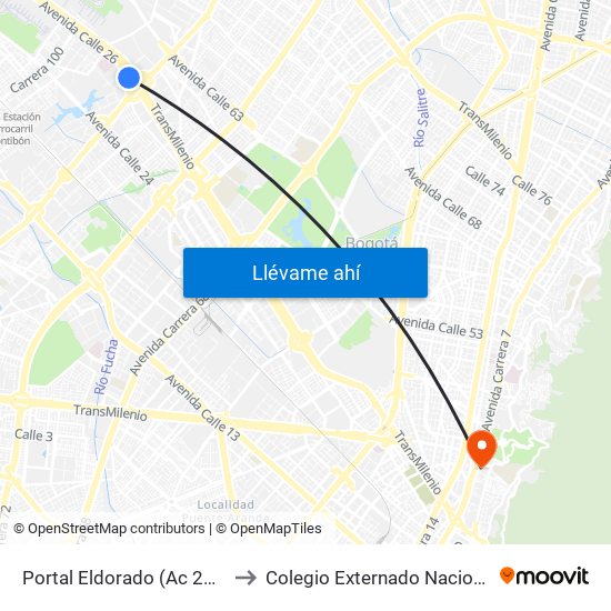 Portal Eldorado (Ac 26 - Av. C. De Cali) to Colegio Externado Nacional Camilo Torres map