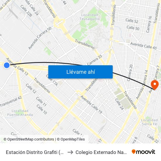 Estación Distrito Grafiti (Av. Américas - Kr 53a) to Colegio Externado Nacional Camilo Torres map