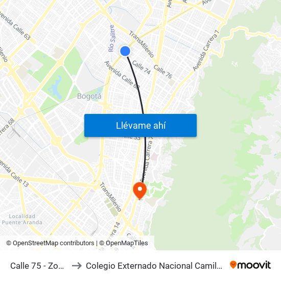 Calle 75 - Zona M to Colegio Externado Nacional Camilo Torres map