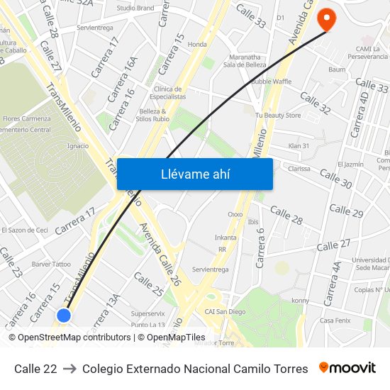 Calle 22 to Colegio Externado Nacional Camilo Torres map