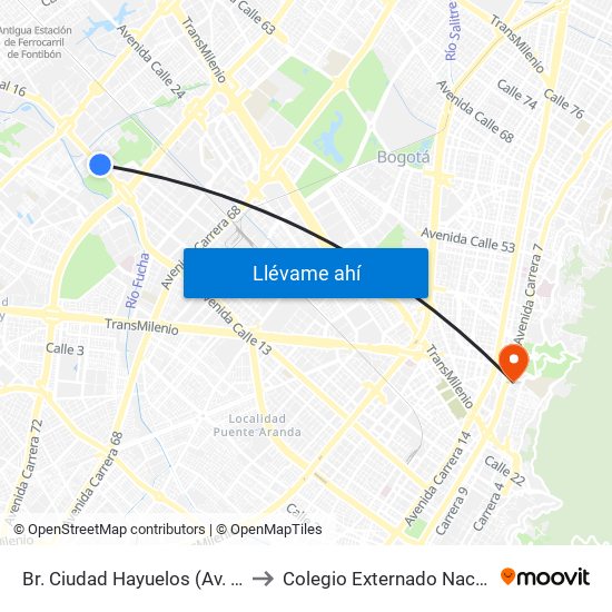 Br. Ciudad Hayuelos (Av. Centenario - Kr 78g) to Colegio Externado Nacional Camilo Torres map