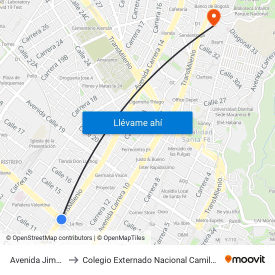 Avenida Jiménez to Colegio Externado Nacional Camilo Torres map