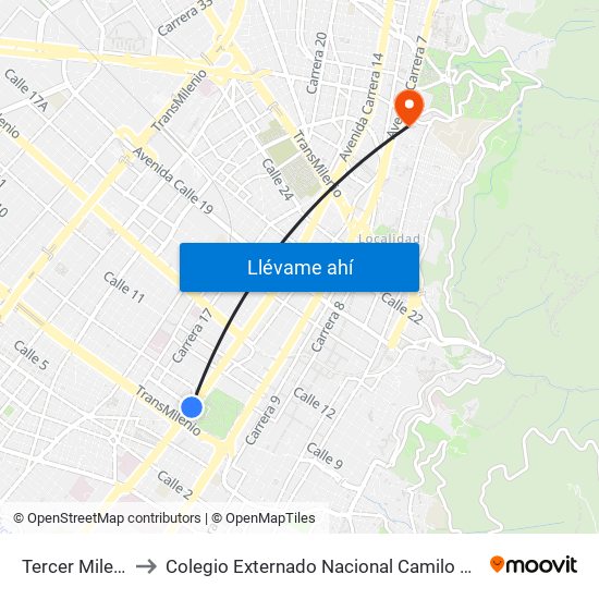Tercer Milenio to Colegio Externado Nacional Camilo Torres map