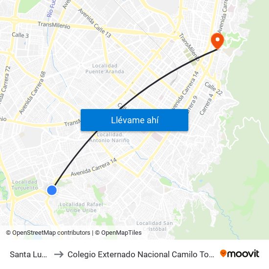 Santa Lucía to Colegio Externado Nacional Camilo Torres map