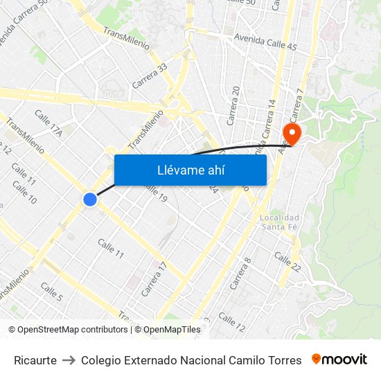 Ricaurte to Colegio Externado Nacional Camilo Torres map