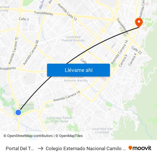 Portal Del Tunal to Colegio Externado Nacional Camilo Torres map