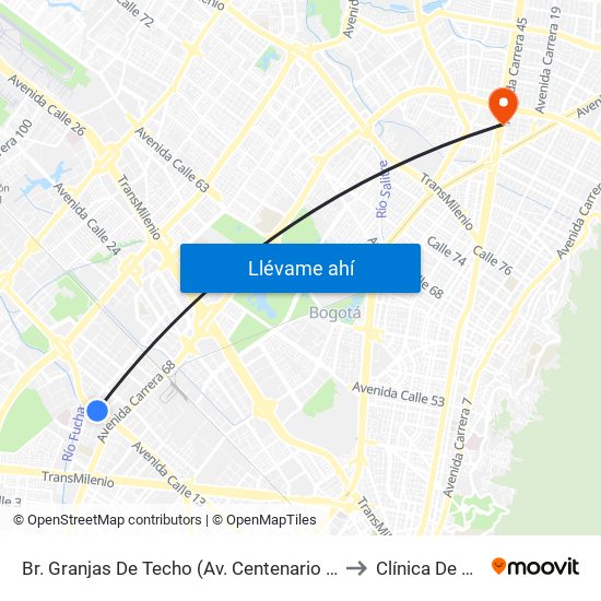 Br. Granjas De Techo (Av. Centenario - Kr 65) to Clínica De Ojos map