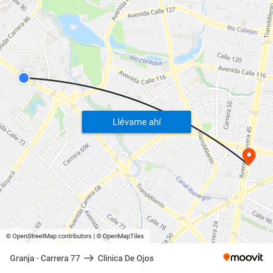 Granja - Carrera 77 to Clínica De Ojos map
