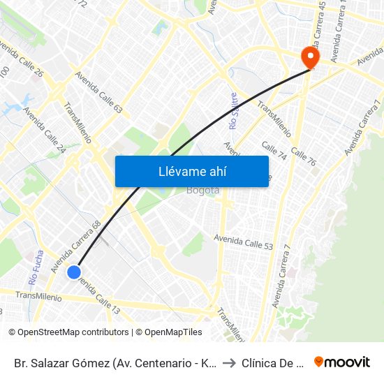 Br. Salazar Gómez (Av. Centenario - Kr 65) (A) to Clínica De Ojos map