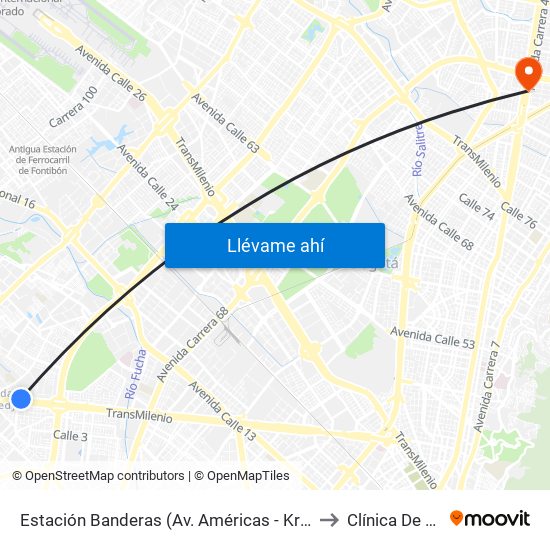 Estación Banderas (Av. Américas - Kr 78a) (A) to Clínica De Ojos map