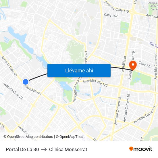 Portal De La 80 to Clínica Monserrat map