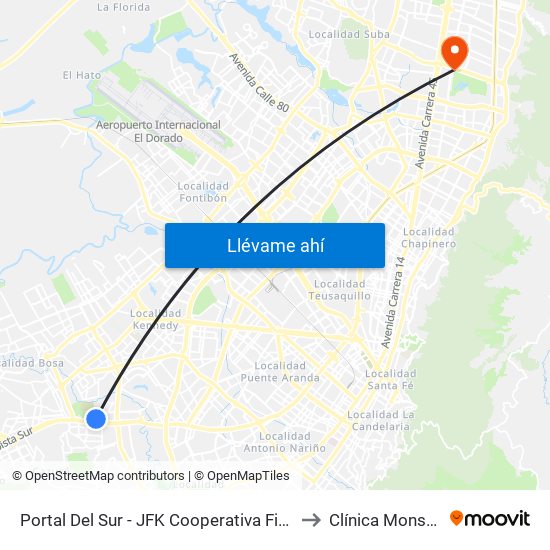 Portal Del Sur - JFK Cooperativa Financiera to Clínica Monserrat map