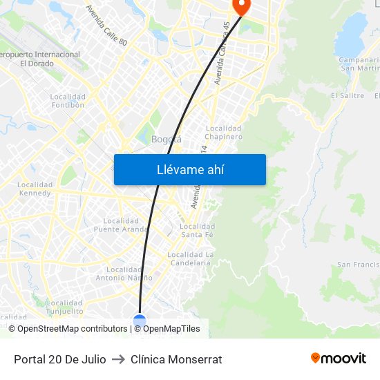 Portal 20 De Julio to Clínica Monserrat map