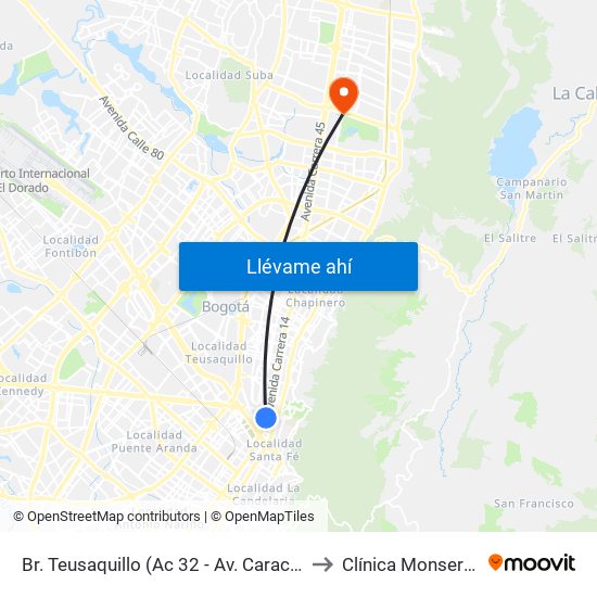 Br. Teusaquillo (Ac 32 - Av. Caracas) to Clínica Monserrat map