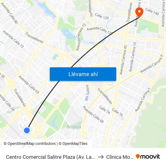 Centro Comercial Salitre Plaza (Av. La Esperanza - Kr 68b) to Clínica Monserrat map