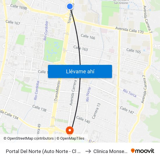 Portal Del Norte (Auto Norte - Cl 174a) to Clínica Monserrat map