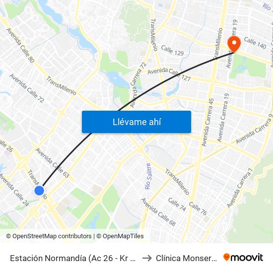 Estación Normandía (Ac 26 - Kr 74) to Clínica Monserrat map