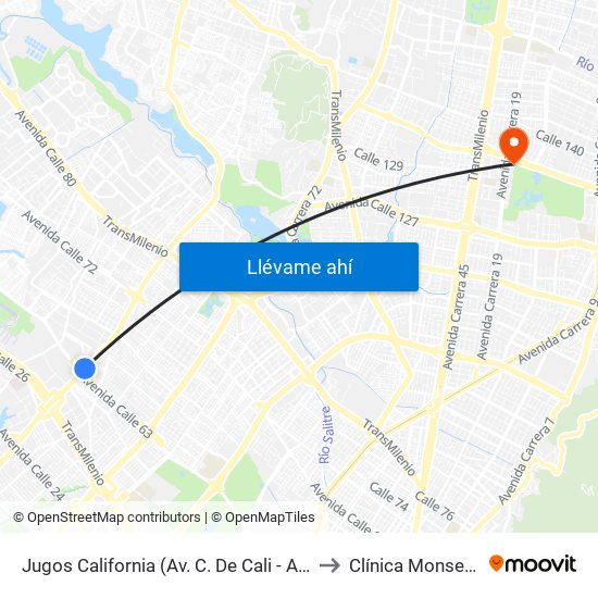 Jugos California (Av. C. De Cali - Ac 63) to Clínica Monserrat map