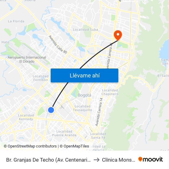 Br. Granjas De Techo (Av. Centenario - Kr 65) to Clínica Monserrat map