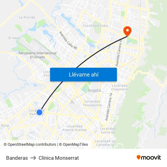 Banderas to Clínica Monserrat map