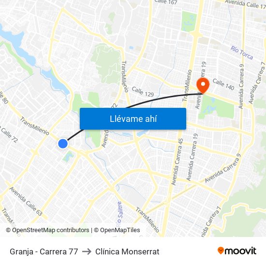 Granja - Carrera 77 to Clínica Monserrat map