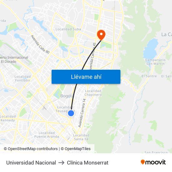 Universidad Nacional to Clínica Monserrat map