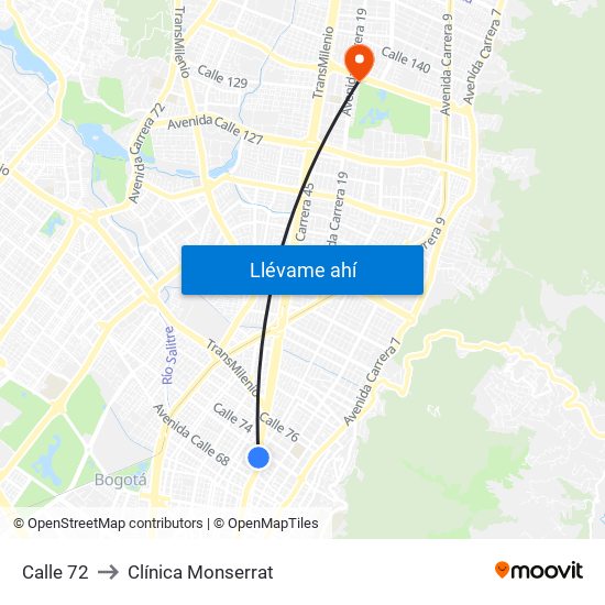 Calle 72 to Clínica Monserrat map