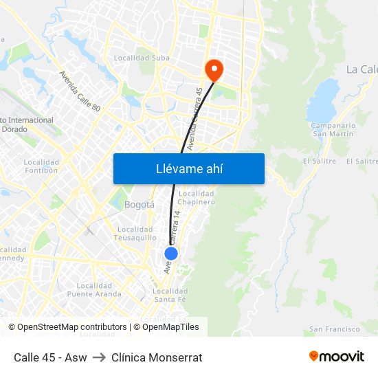 Calle 45 - Asw to Clínica Monserrat map