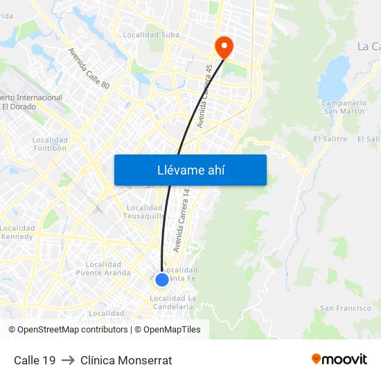 Calle 19 to Clínica Monserrat map