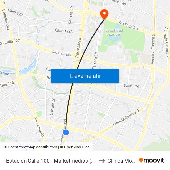 Estación Calle 100 - Marketmedios (Auto Norte - Cl 98) to Clínica Monserrat map