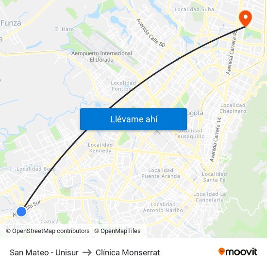 San Mateo - Unisur to Clínica Monserrat map
