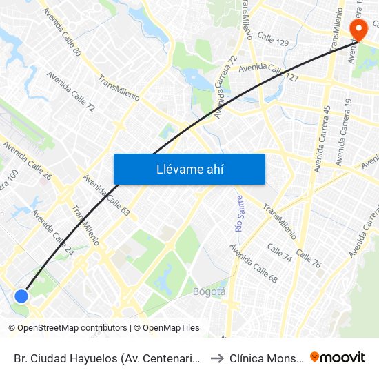 Br. Ciudad Hayuelos (Av. Centenario - Kr 78g) to Clínica Monserrat map