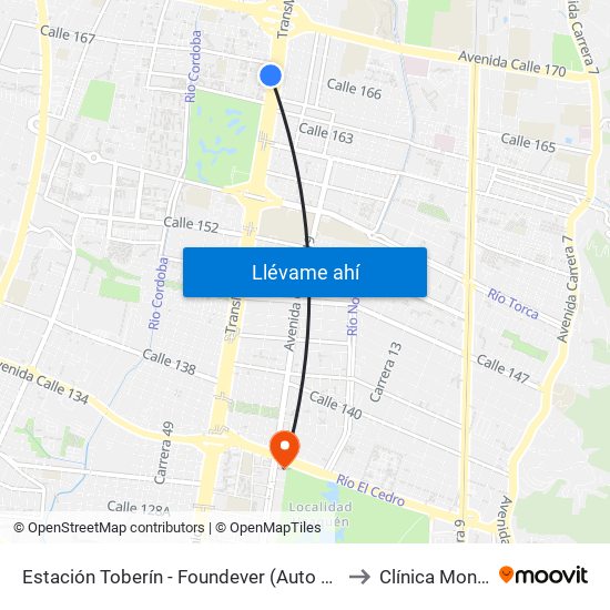 Estación Toberín - Foundever (Auto Norte - Cl 166) to Clínica Monserrat map