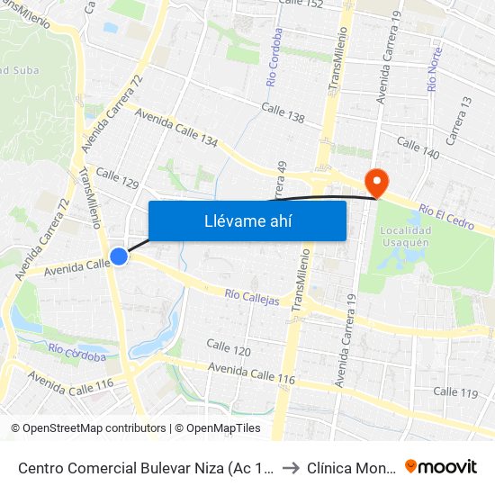Centro Comercial Bulevar Niza (Ac 127 - Av. Suba) to Clínica Monserrat map