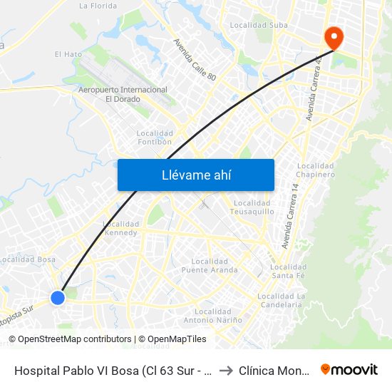 Hospital Pablo VI Bosa (Cl 63 Sur - Kr 77g) (A) to Clínica Monserrat map