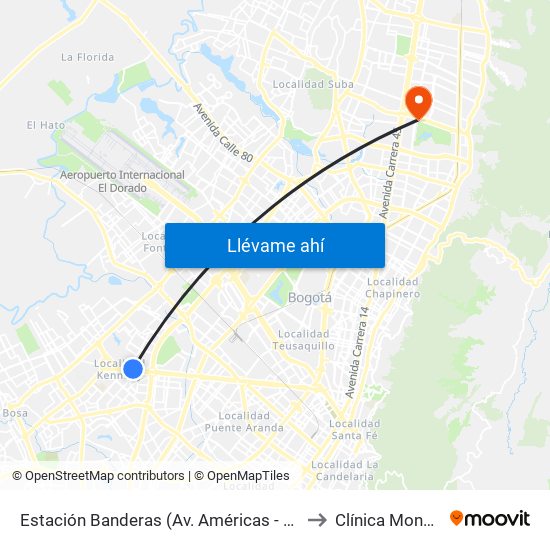 Estación Banderas (Av. Américas - Kr 78a) (A) to Clínica Monserrat map