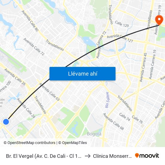 Br. El Vergel (Av. C. De Cali - Cl 18) to Clínica Monserrat map