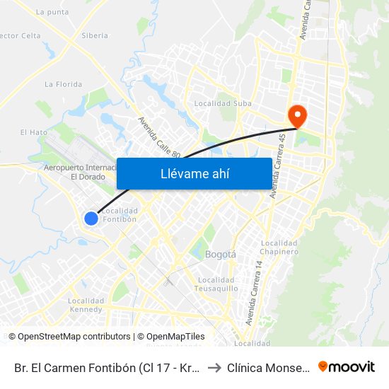 Br. El Carmen Fontibón (Cl 17 - Kr 100) to Clínica Monserrat map