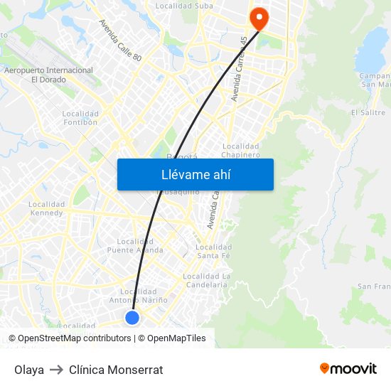 Olaya to Clínica Monserrat map