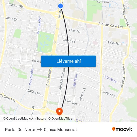 Portal Del Norte to Clínica Monserrat map