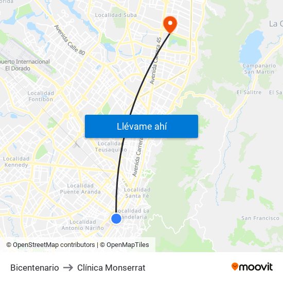 Bicentenario to Clínica Monserrat map