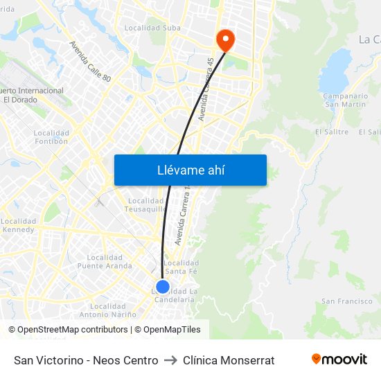 San Victorino - Neos Centro to Clínica Monserrat map