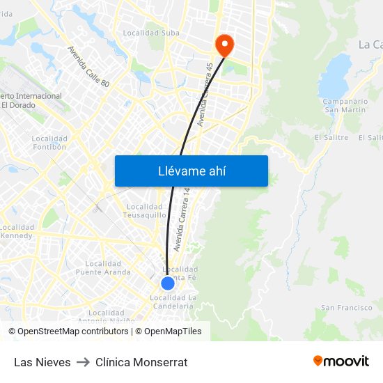 Las Nieves to Clínica Monserrat map