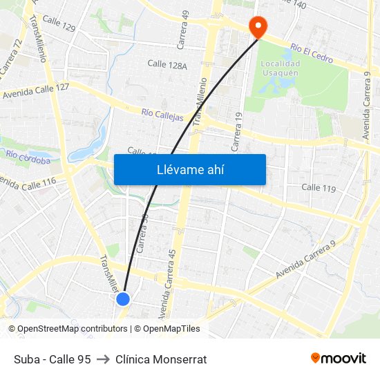 Suba - Calle 95 to Clínica Monserrat map