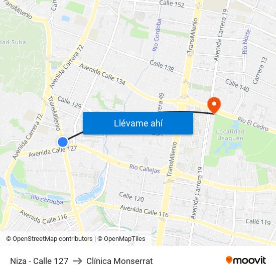 Niza - Calle 127 to Clínica Monserrat map